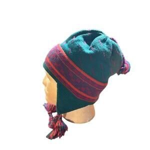 Vintage VTG ski hat wool beanie winter snow turquoise pink and purple made in VT